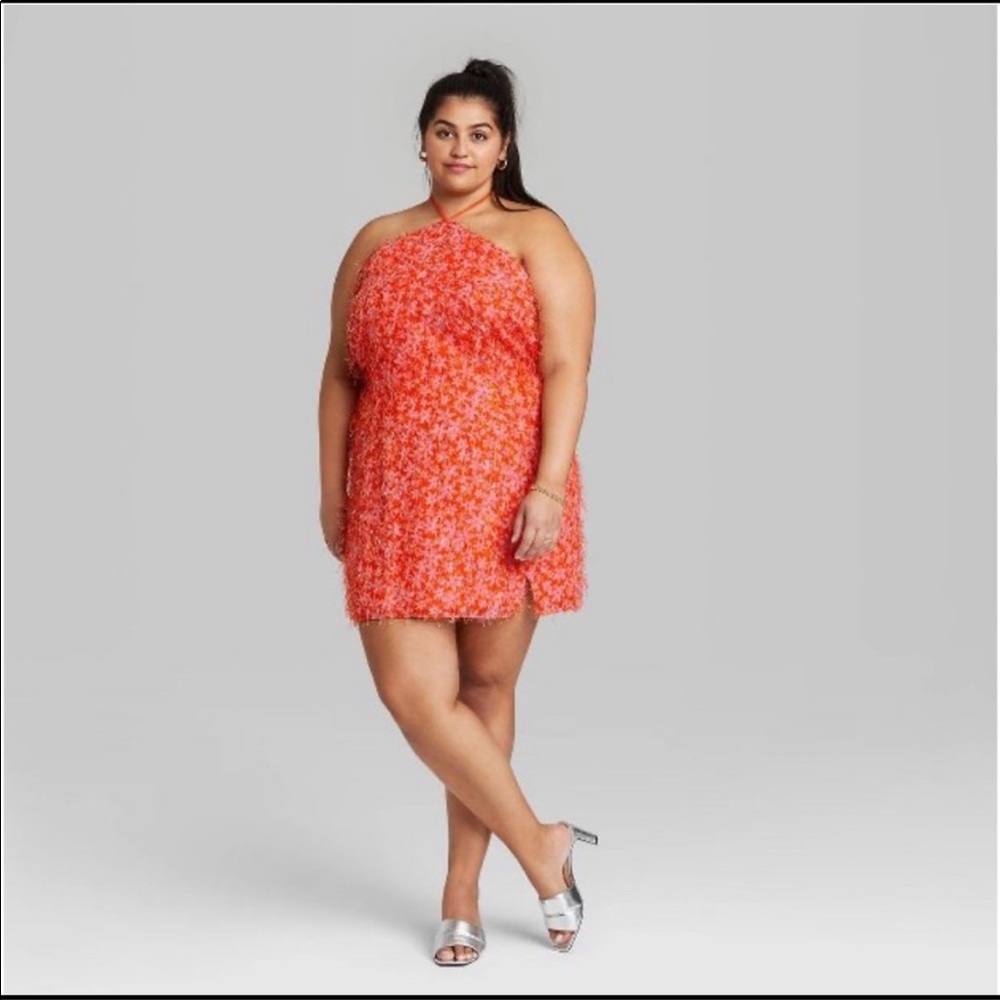 Wild Fable Eyelash Floral Halter Tie Mini Dress Orange Pink size XXL